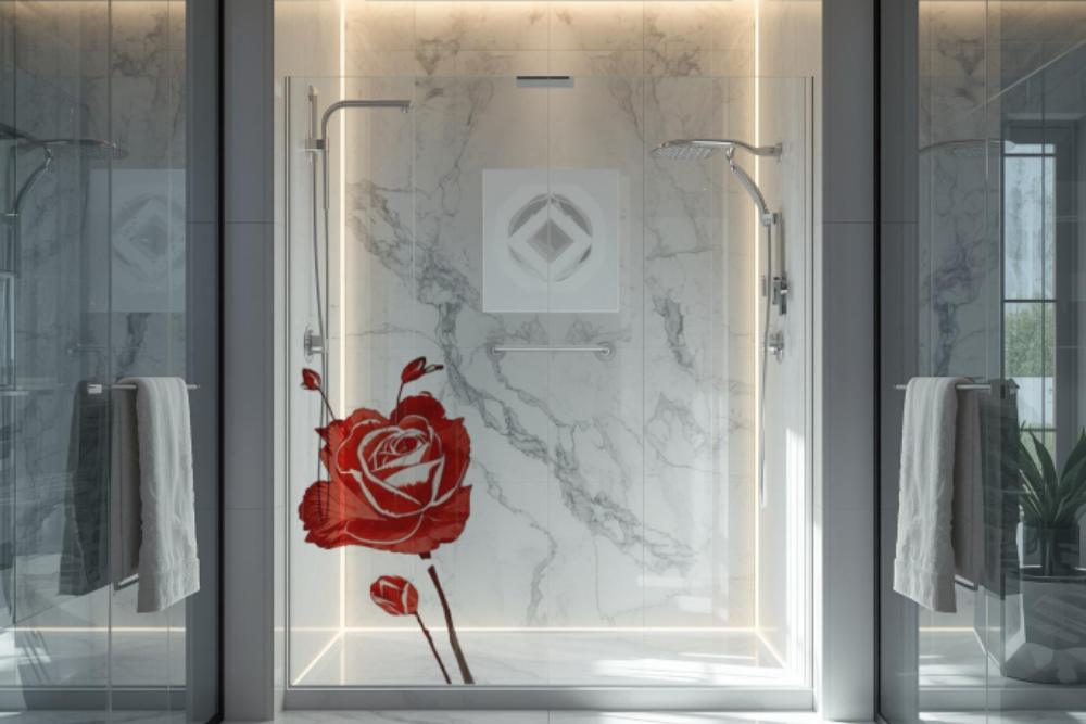 מקלחון זכוכית עם הדפסה דיגיטלית של פרח אדום