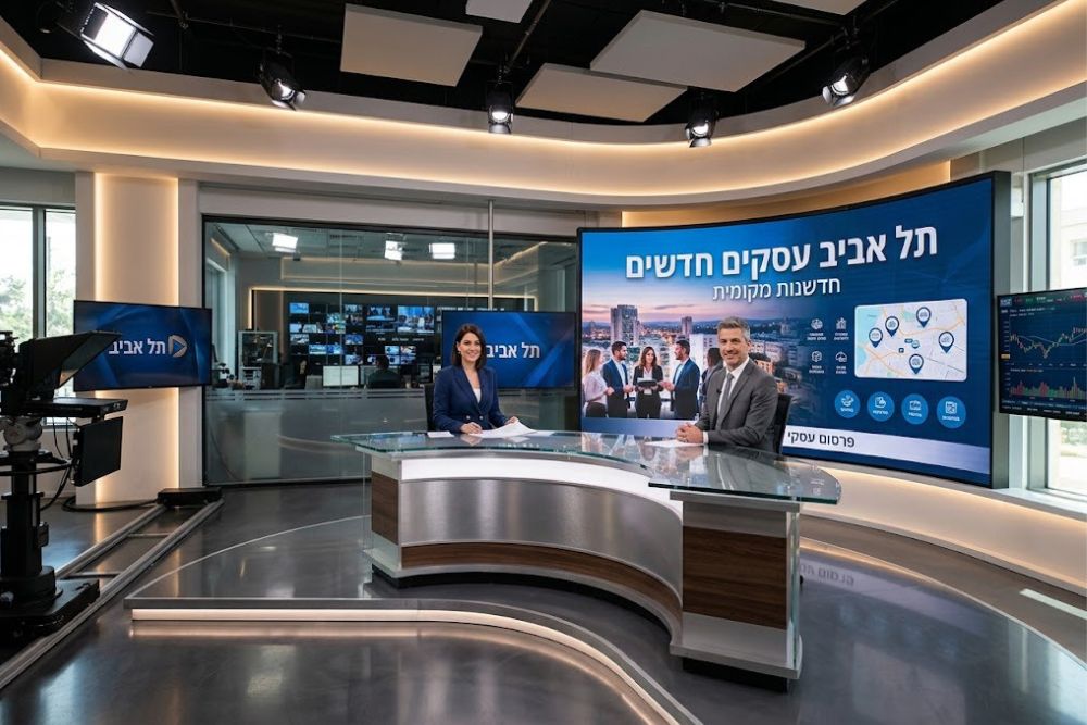 אולפן טלוויזיה מודרני עם מסך פרסום עסקי