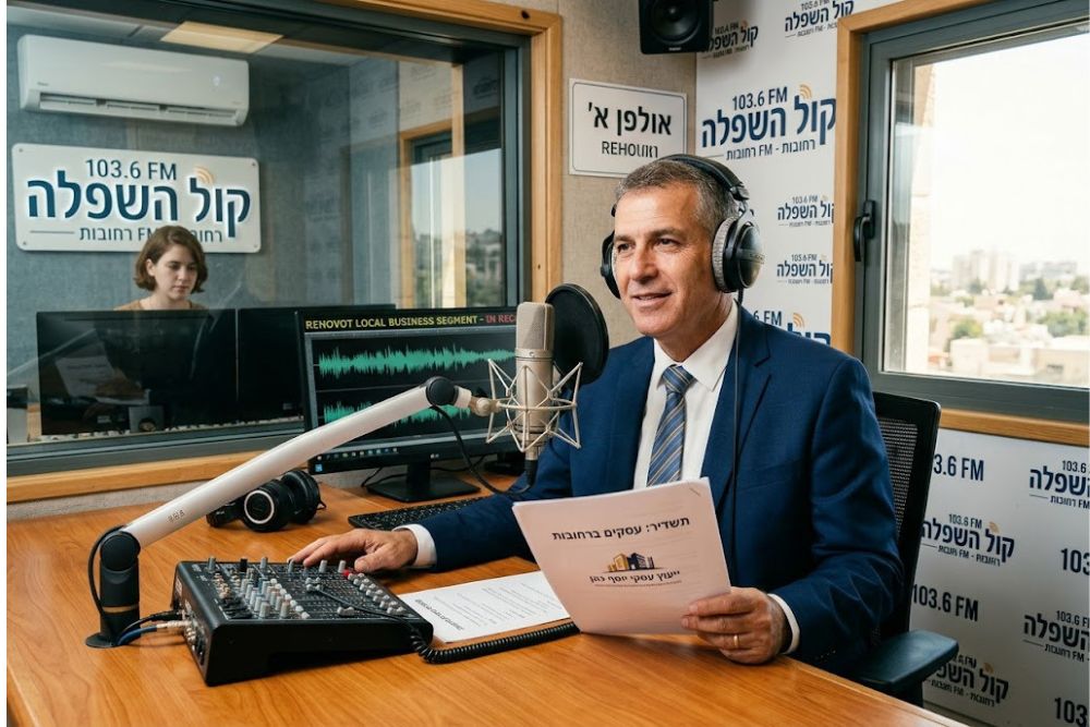 איש עסקים מקומי מקליט תשדיר רדיו באולפן מקצועי