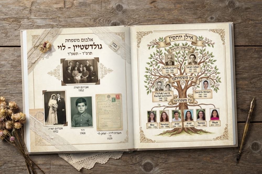 אלבום משפחתי מעוצב עם תמונות, מסמכים ואילן יוחסין