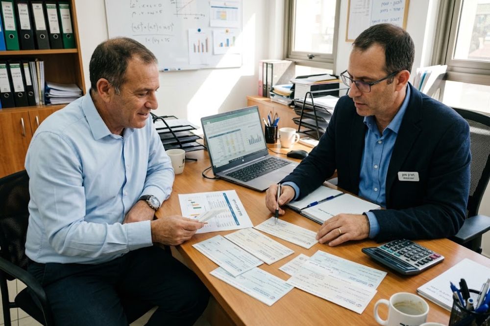בעל עסק בוחן צ׳קים דחויים ותזרים מול יועץ פיננסי