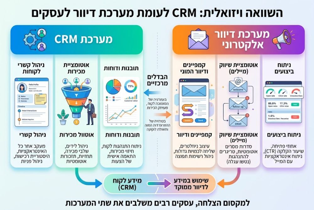 השוואה ויזואלית בין CRM למערכת דיוור לעסקים