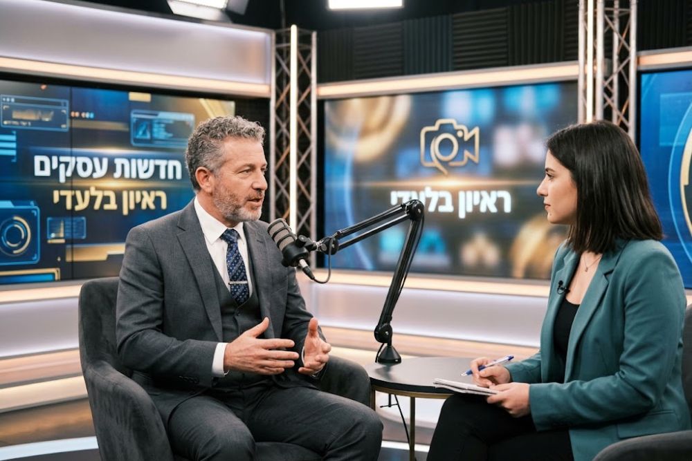 יועץ עסקי מתראיין באולפן טלוויזיה מקצועי